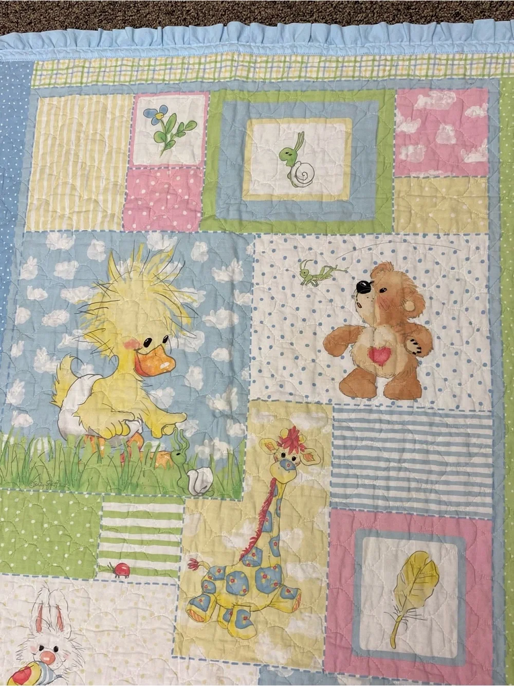 Vintage 1980s Whimsical Pastel Baby Crib Quilt - Duck Bear Giraffe Bunny